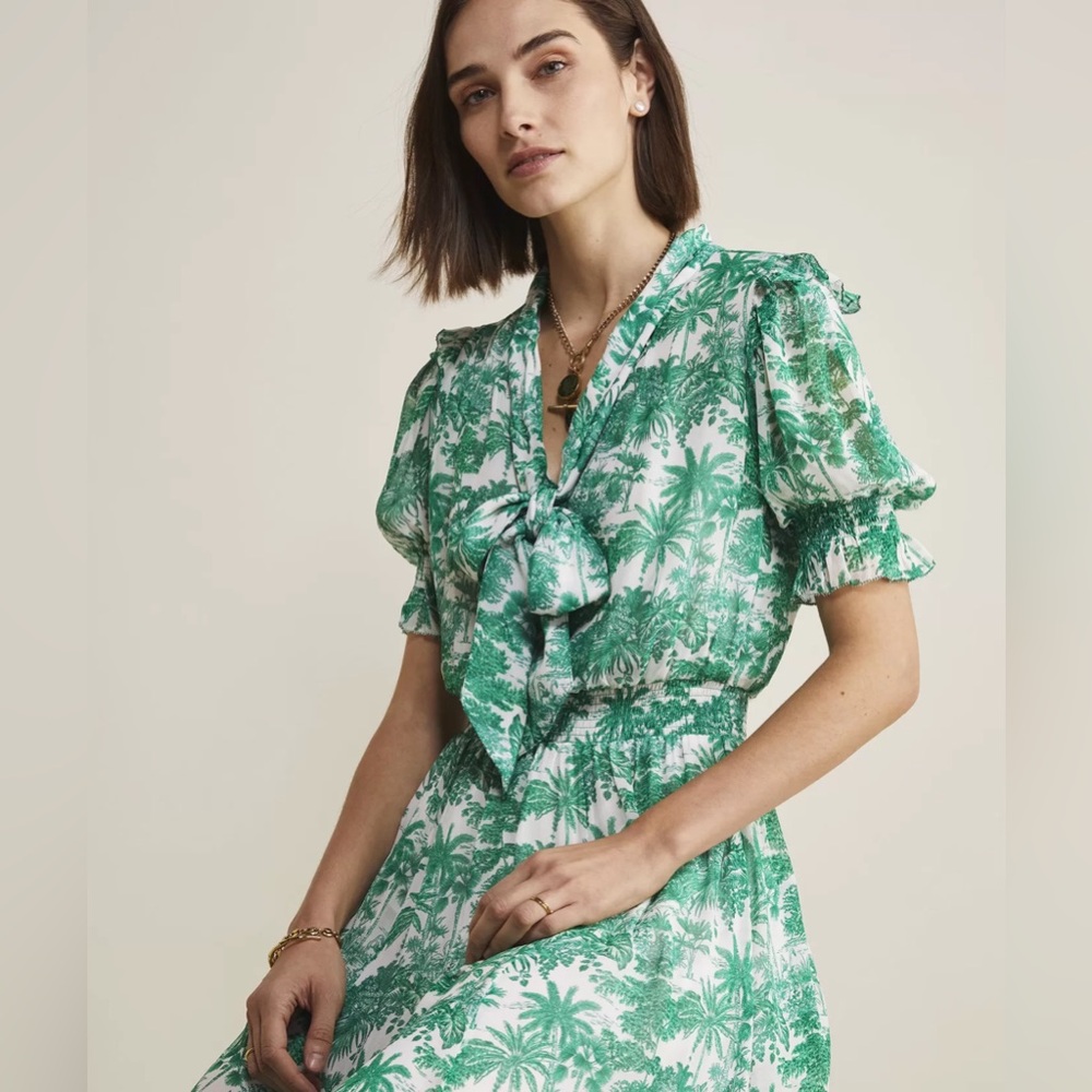 Vineyard Vines S Marthas Vineyard Tropical Toile Tie-Neck Midi Dress Green/White - Picture 8 of 16